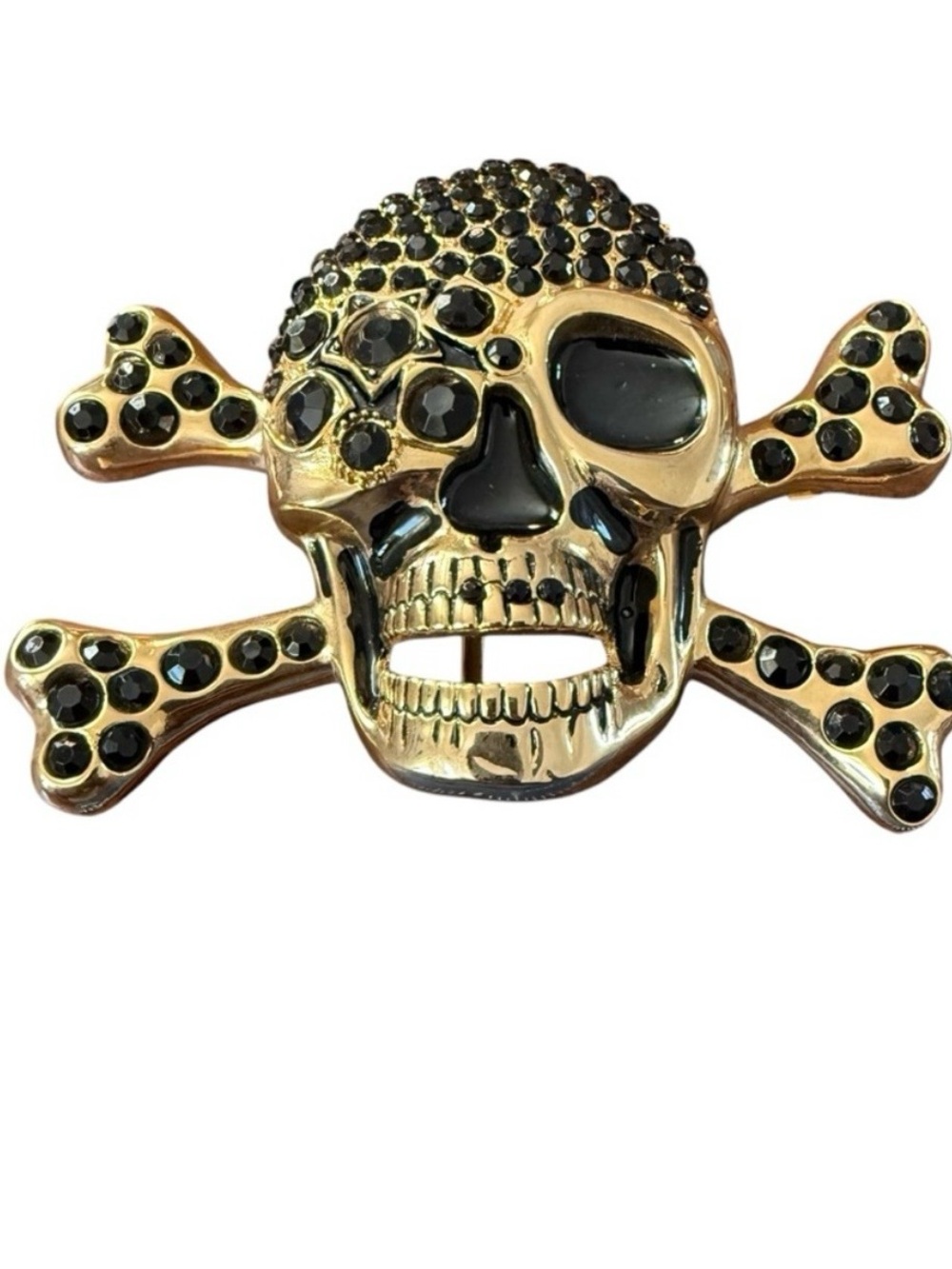 Vintage Y2K Skull Crossbones Belt Buckle Gold Tone Rhinestones Glam Punk Bling